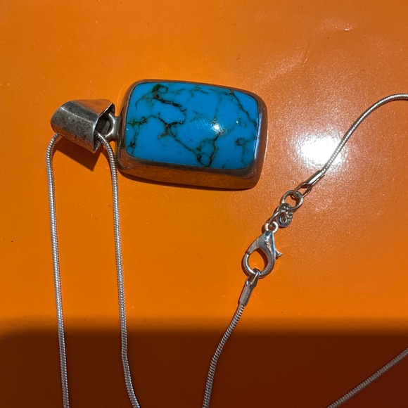 Large Southwestern Vintage Sterling Silver Turquoise 1” Pendant 20” Necklace - Picture 9 of 10